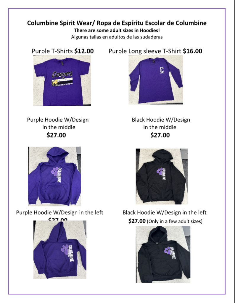 Flyer for spirit wear shirts and sweatshirts for sale